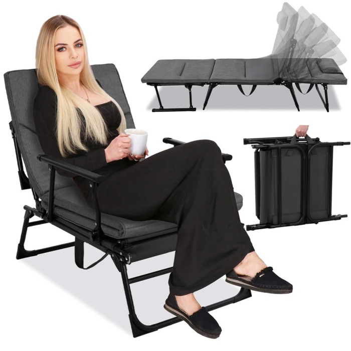 Fotoliu pliabil 2 in 1 tip sezlong, cu 5 pozitii, structura metalica si saltea inclusa, 180x58x89 cm, gri [3]