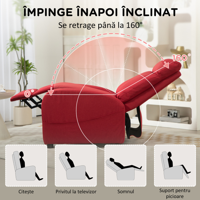  Fotoliu Rabatabil Manual cu Suport pentru Picioare din Material Textil cu Efect de In, 69x85x100 cm, Rosu Vin [4]