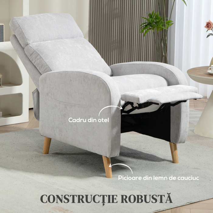  Fotoliu Reclinabil 150° cu suport pentru picioare, din Material Textil cu Efect de In, 68x90x106 cm, Gri Deschis [7]