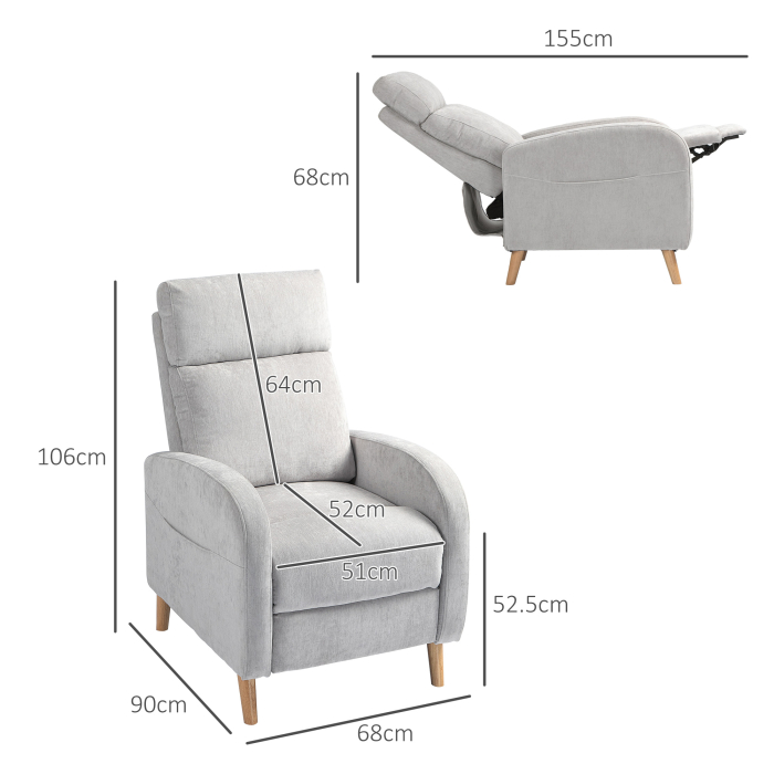  Fotoliu Reclinabil 150° cu suport pentru picioare, din Material Textil cu Efect de In, 68x90x106 cm, Gri Deschis [3]