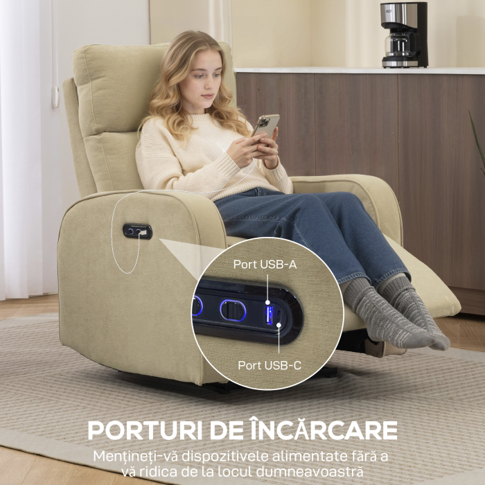  Fotoliu Reclinabil Electric din Catife cu Suport pentru Picioare, Tetiera Reglabila si Porturi, 80x93x103 cm, Bej [9]