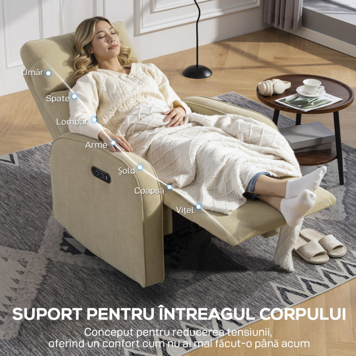  Fotoliu Reclinabil Electric din Catife cu Suport pentru Picioare, Tetiera Reglabila si Porturi, 80x93x103 cm, Bej [7]