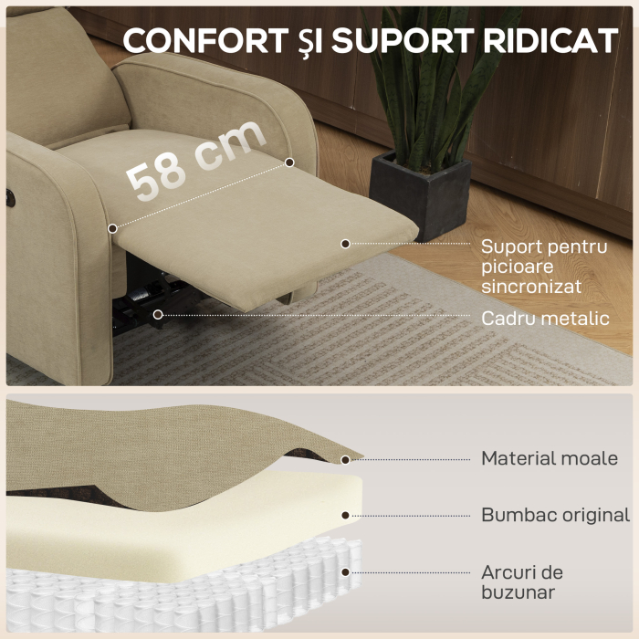  Fotoliu Reclinabil Electric din Catife cu Suport pentru Picioare, Tetiera Reglabila si Porturi, 80x93x103 cm, Bej [5]