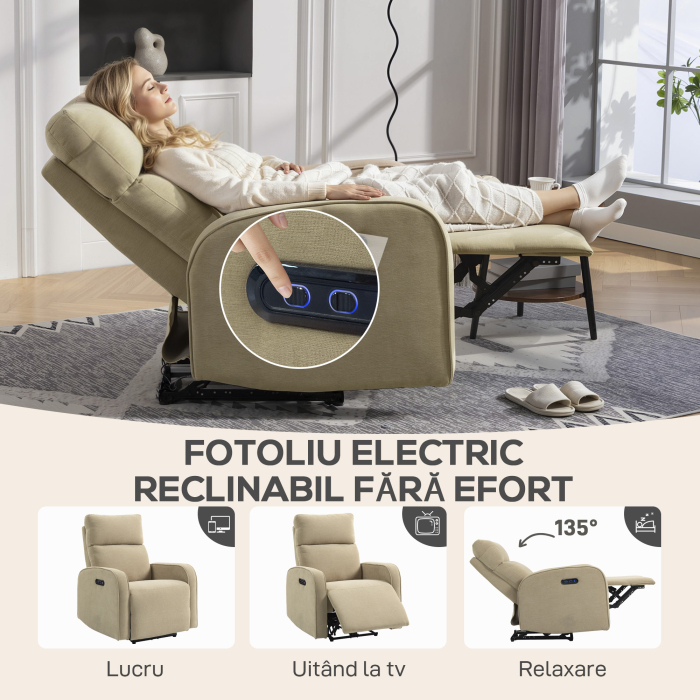  Fotoliu Reclinabil Electric din Catife cu Suport pentru Picioare, Tetiera Reglabila si Porturi, 80x93x103 cm, Bej [4]