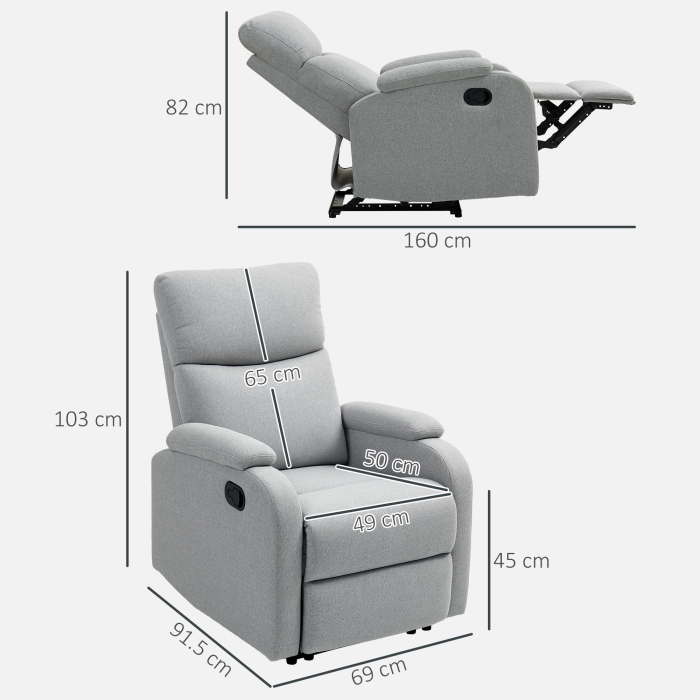  Fotoliu Reclinabil Manual la 60° Extra Captusit in Material Textil cu Suport pentru Picioare, Gri [3]