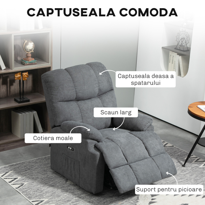  Fotoliu reclinabil pentru ridicare, cu suport pentru picioare, din material textil cu efect de in, 84x96x100 cm, gri inchis [4]