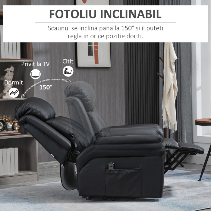  Fotoliu Recliner Electric cu Functie de Ridicare, Tapiterie Groasa si Telecomanda, 96x93x105 cm, Negru [5]