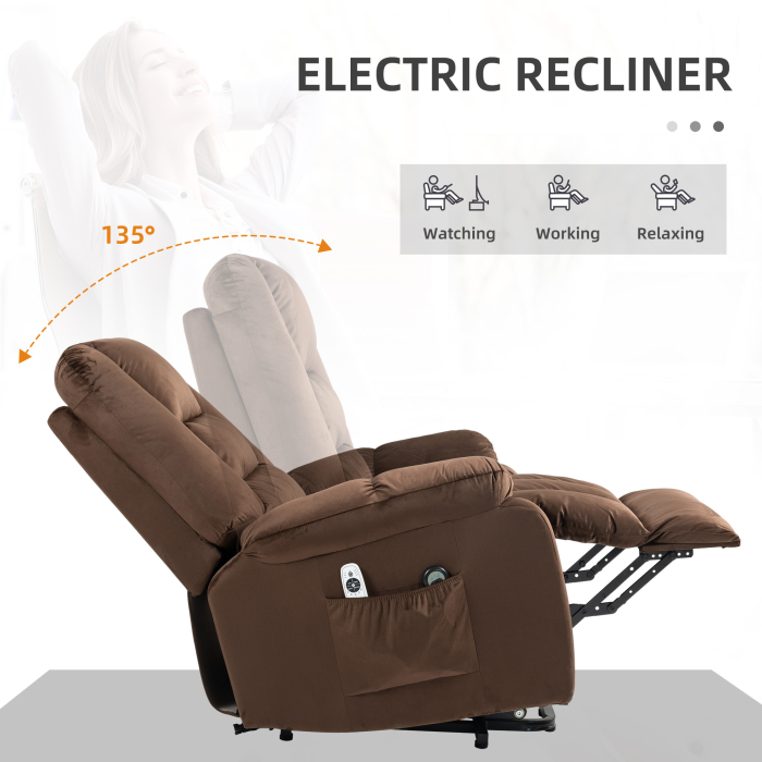  Fotoliu Relax cu Functie de Ridicare, Reclinabil, cu Masaj si incalzire din Catifea, Maro [5]