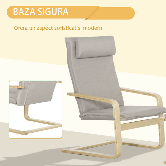  Fotoliu Relax cu suport pentru picioare, fotoliu din lemn si tesatura cu efect de in cu perna pentru tetiera, 67x69x100cm, gri [4]