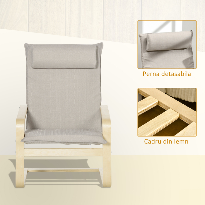  Fotoliu Relax cu suport pentru picioare, fotoliu din lemn si tesatura cu efect de in cu perna pentru tetiera, 67x69x100cm, gri [6]