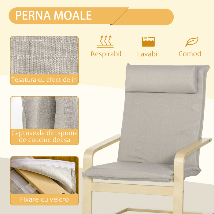  Fotoliu Relax cu suport pentru picioare, fotoliu din lemn si tesatura cu efect de in cu perna pentru tetiera, 67x69x100cm, gri [5]