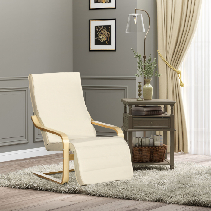  Fotoliu Relax cu Suport pentru Picioare Reglabil pe 5 Niveluri si Tetiera, Cadru din Lemn de Mesteacan si tesatura, 66,5x94x100 cm, Crem [2]