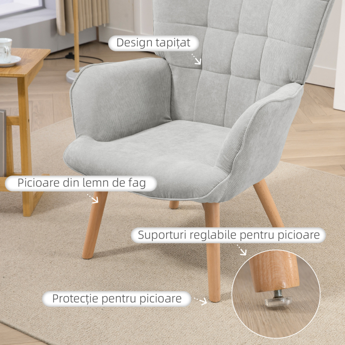  Fotoliu Relax cu Taburet in Catifea cu nervuri, Spatar inalt si Brate, Gri [5]