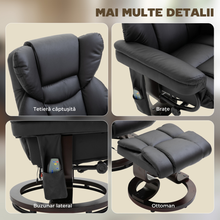  Fotoliu Relax cu Taburet Suport pentru Picioare si Functie de Masaj, Rabatabil la 145° si Rotativ la 360°, Negru [8]