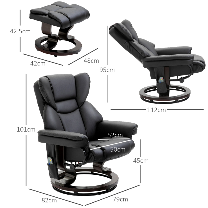  Fotoliu Relax cu Taburet Suport pentru Picioare si Functie de Masaj, Rabatabil la 145° si Rotativ la 360°, Negru [3]