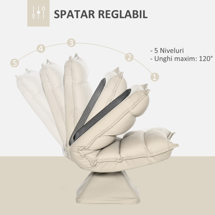  Fotoliu Relax din material capitonat cu pivotare la 360°, fotoliu rabatabil pe 3 nivele 62x62x95cm, bej [4]