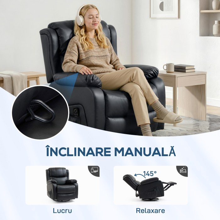  Fotoliu Relax Rabatabil cu 8 Puncte de Masaj, incalzire si Suport pentru Picioare, 87x97X100 cm, Negru [5]