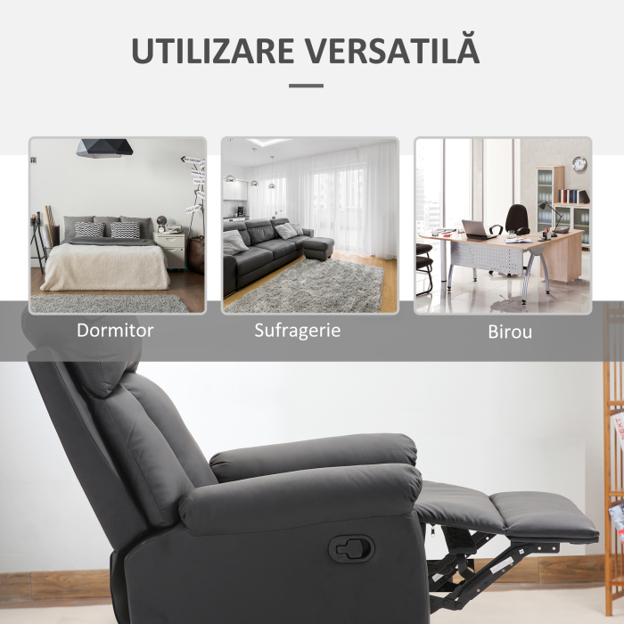  Fotoliu Relax Rabatabil cu Captuseala Ergonomica cuTaburet in Piele Ecologica,80 × 97 × 107cm Negru [6]