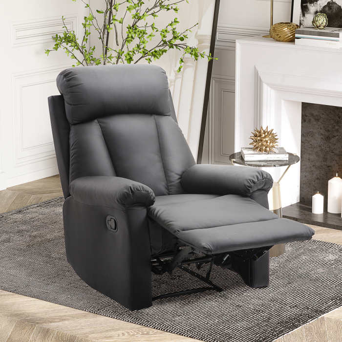  Fotoliu Relax Rabatabil cu Captuseala Ergonomica cuTaburet in Piele Ecologica,80 × 97 × 107cm Negru [2]