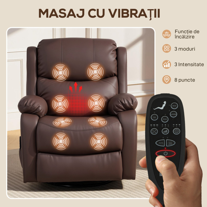  Fotoliu Relax Reclinabil cu 8 Puncte de Masaj, incalzire si Suport pentru Picioare, 87x97x100 cm, Maro [4]