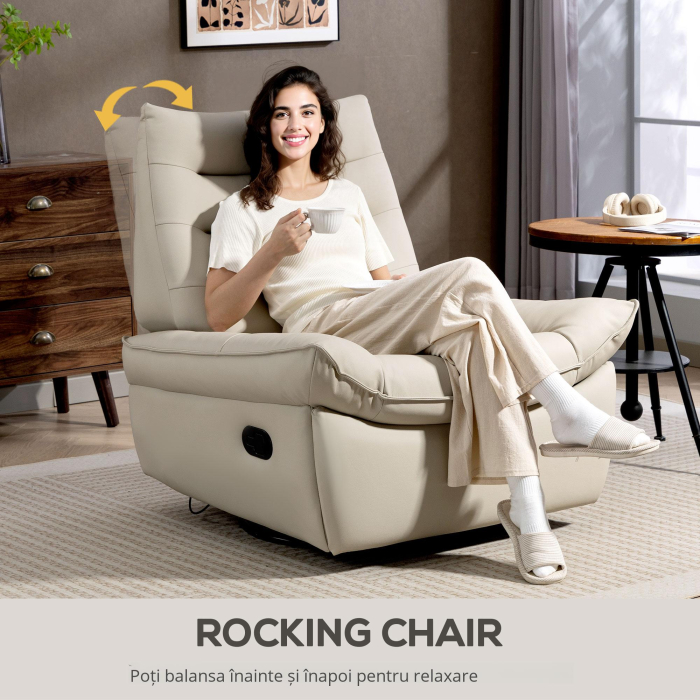  Fotoliu Relax Reclinabil Manual cu Suport pentru Picioare si Baza Rotativa Fara Brate, Crem [7]
