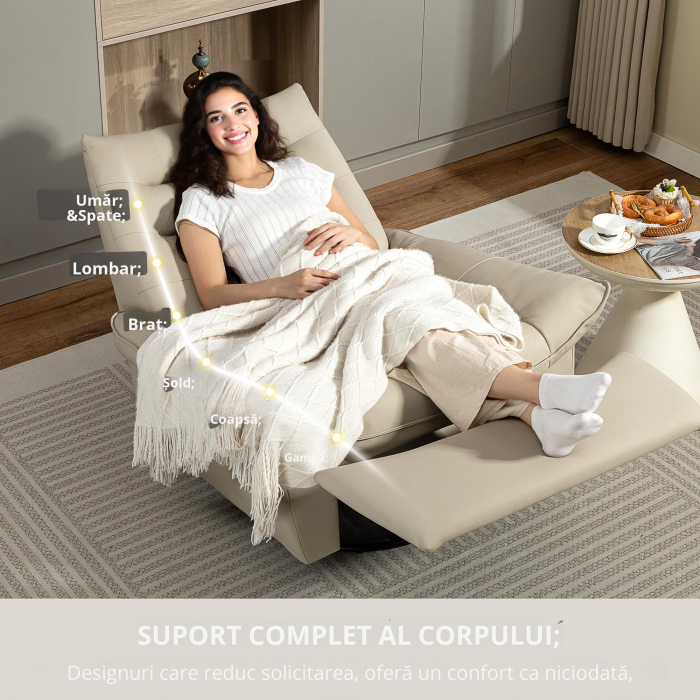  Fotoliu Relax Reclinabil Manual cu Suport pentru Picioare si Baza Rotativa Fara Brate, Crem [4]