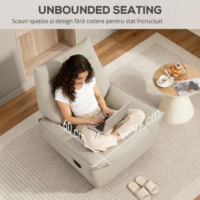 Fotoliu Relax Reclinabil Manual cu Suport pentru Picioare si Baza Rotativa Fara Brate, Crem [6]