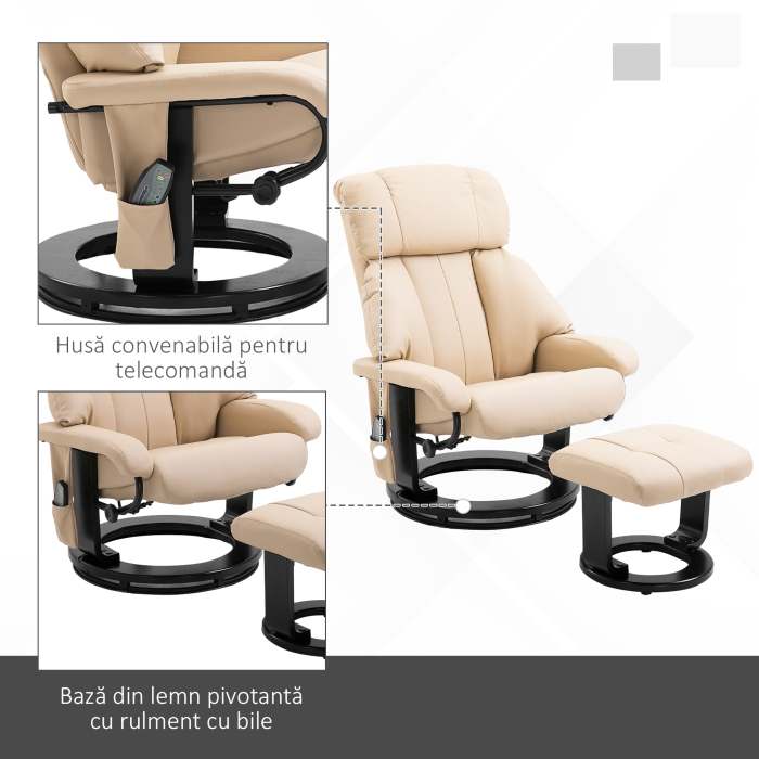  Fotoliu Relax Reclinabil si de Masaj cu Suport pentru Picioare si Telecomanda, 76x80x102 cm Crem [7]