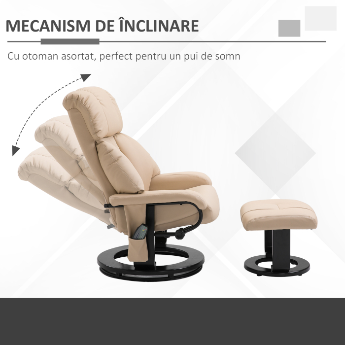  Fotoliu Relax Reclinabil si de Masaj cu Suport pentru Picioare si Telecomanda, 76x80x102 cm Crem [6]
