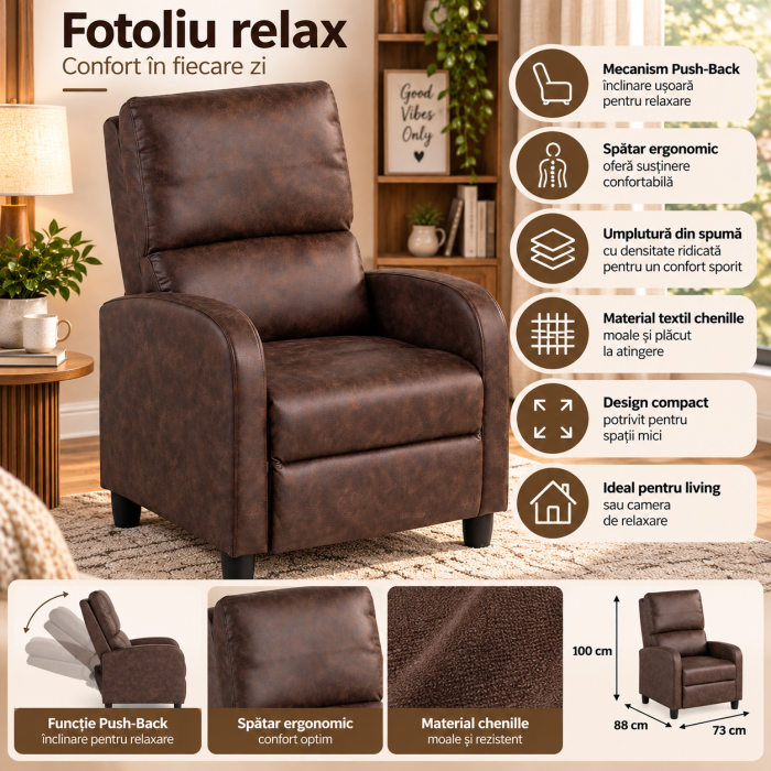 Fotoliu relax recliner cu mecanism Push-Back pentru inclinarea spatarului si o pozitie confortabila de odihna, tapiterie moale din chenille, sezut cu [10]