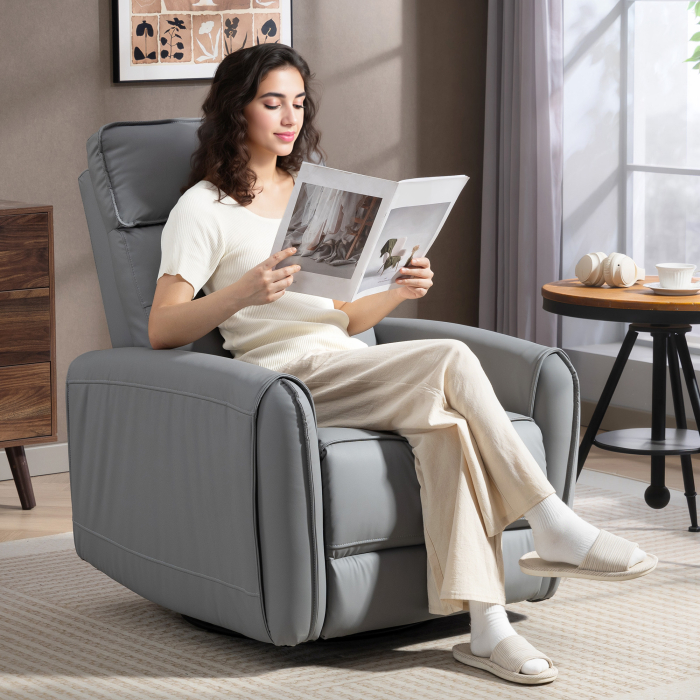  Fotoliu Relax Reglabil Manual cu Suport pentru Picioare, Tapiterie cu Efect de Piele si Baza Rotativa, Gri [2]