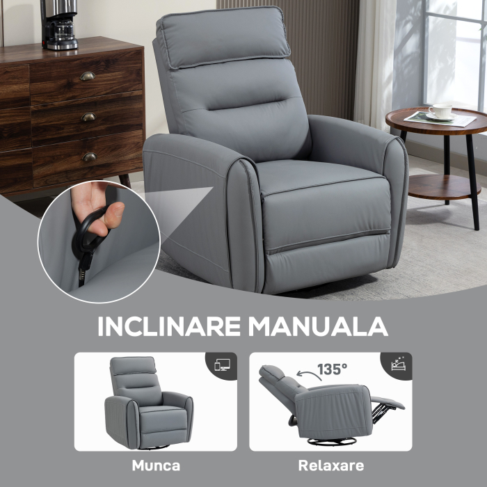  Fotoliu Relax Reglabil Manual cu Suport pentru Picioare, Tapiterie cu Efect de Piele si Baza Rotativa, Gri [4]