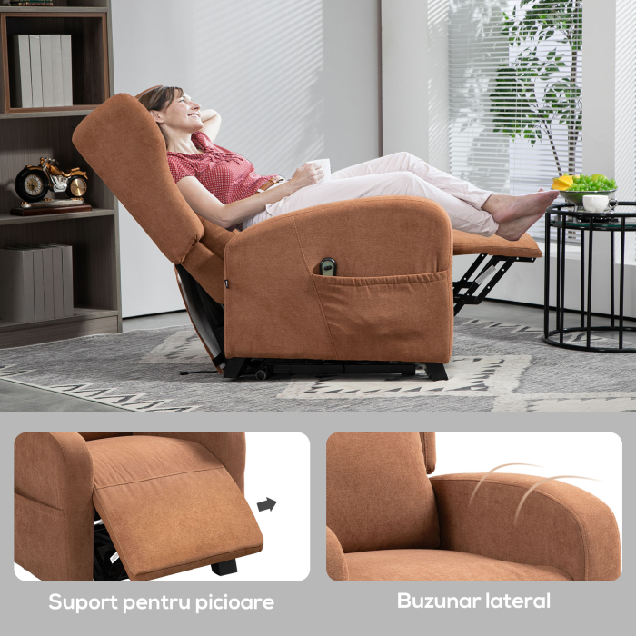  Fotoliu Relaxant cu Functie de Ridicare, din Catifea, cu Spatar Rabatabil la 160° si Telecomanda, Maro inchis [6]