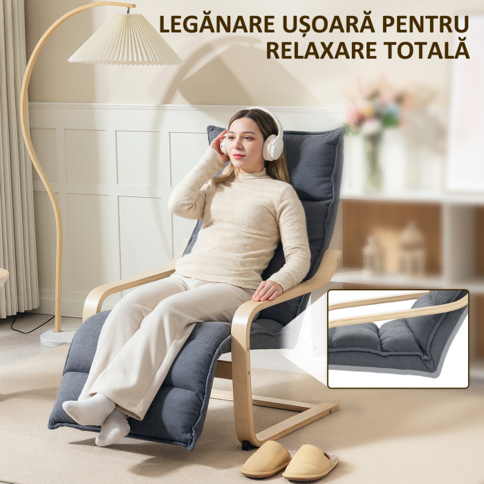  Fotoliu Relaxant din Lemn cu Tapiserie din Catifea si Suport pentru Picioare Reglabil, Gri inchis [6]