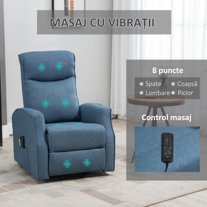  Fotoliu Relaxant Electric cu 8 Puncte de Masaj, inclinare la 135° si 2 Telecomenzi, Albastru [4]