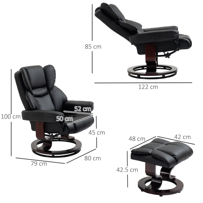  Fotoliu Relaxant si Puf, Reclinabil la 145° cu Scaun Rotativ din Piele Ecologica, Negru [3]
