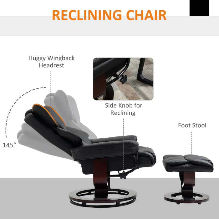  Fotoliu Relaxant si Puf, Reclinabil la 145° cu Scaun Rotativ din Piele Ecologica, Negru [4]