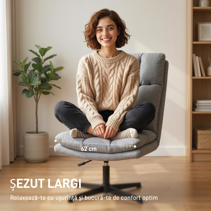  Fotoliu Rotativ de Living din Material Tip In, Fotoliu fara Brate cu sezut Spatios si Picioare din Metal, Gri Deschis [4]