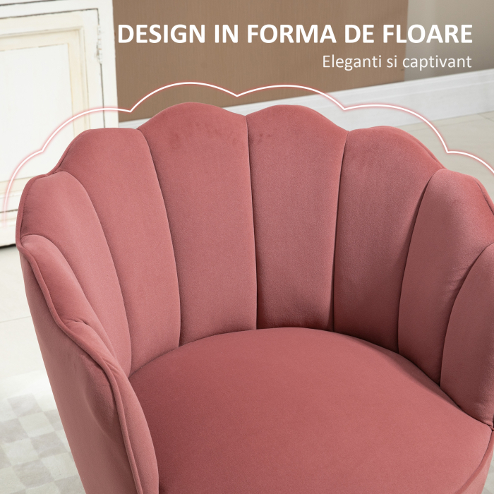  Fotoliu Scoica 66×66×78.5 cm - Catifea Roz cu Picioare Lemn [4]