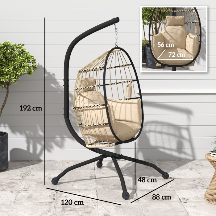  Fotoliu Suspendat Tip Ou cu Lant Reglabil, 2 Perne Detasabile si Suport pentru Pahare, Scaun Balansoar Pliabil pentru Gradina, Baza in X din Otel, pentru Interior si Exterior, 120x88x192 cm, Bej [3]