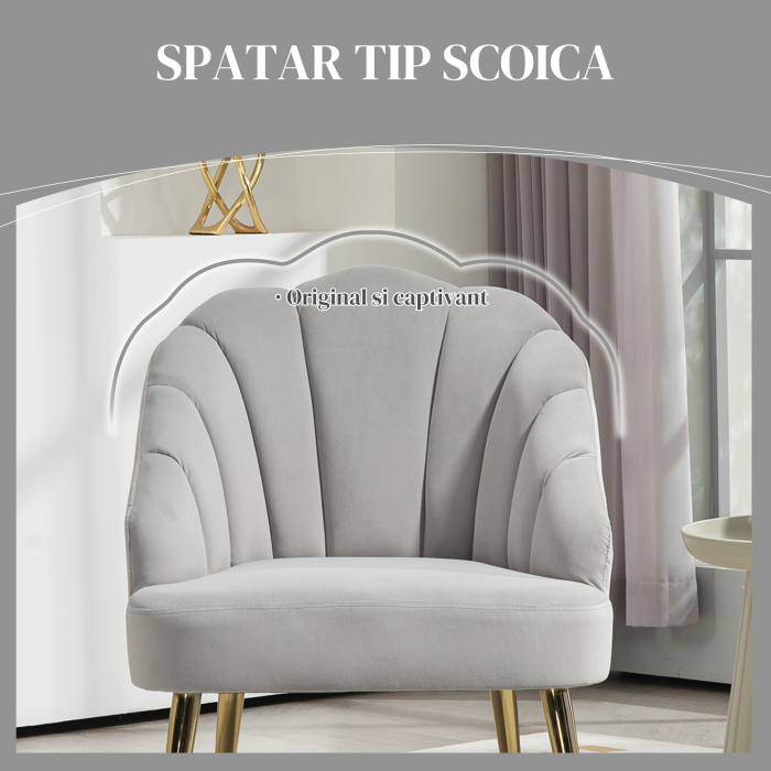  Fotoliu Tapitat cu Spatar in Forma de Cochilie, Fotoliu din Catifea cu Picioare Aurii, 63x65x84 cm, Gri [5]