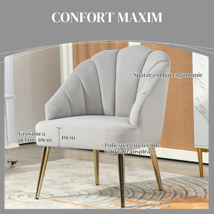  Fotoliu Tapitat cu Spatar in Forma de Cochilie, Fotoliu din Catifea cu Picioare Aurii, 63x65x84 cm, Gri [4]