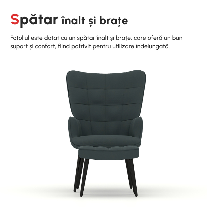  Fotoliu Tapitat pentru Interior cu Brate si Taburet Integrat, Fotoliu pentru Sufragerie din tesatura cu Efect de Catifea, 73x77.5x98 cm, Gri inchis [4]