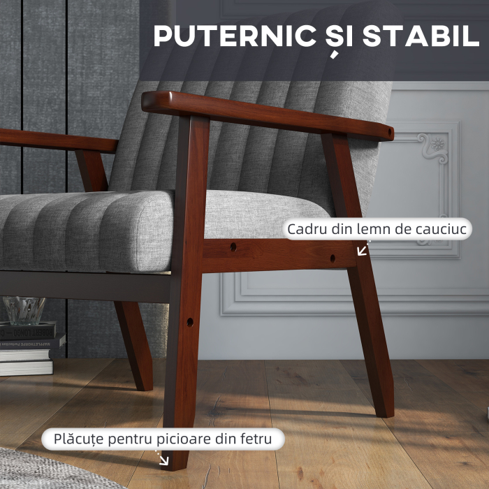  Fotoliu Tip Scaun din Material, Fotoliu Capitonat pentru Dormitor, Sufragerie, cu Picioare din Lemn, 64x74,5x75,5 cm, Gri [6]