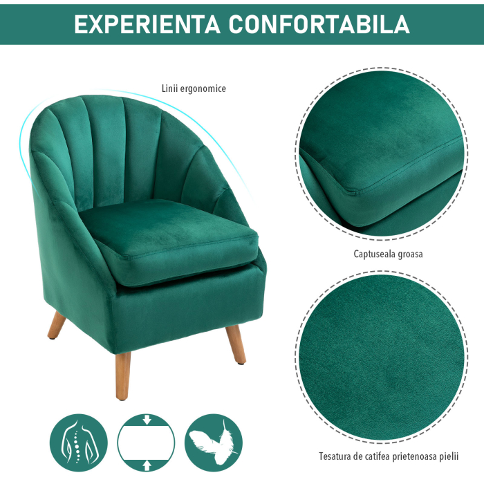  Fotoliu Verde din Catifea - Elegant cu Picioare din Lemn [4]