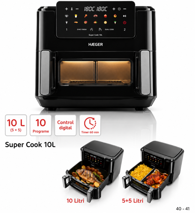 Friteuza dubla cu aer cald HAEGER SUPER COOK, 2600W, Capacitate 10L, despartitor cuve detasabil 2x5L, 10 programe, ecran tactil, Cuve detasabile lavabile, gatire fara ulei cu aer cald 360, Negru [3]