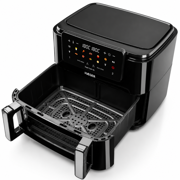 Friteuza dubla cu aer cald HAEGER SUPER COOK, 2600W, Capacitate 10L, despartitor cuve detasabil 2x5L, 10 programe, ecran tactil, Cuve detasabile lavabile, gatire fara ulei cu aer cald 360, Negru [6]