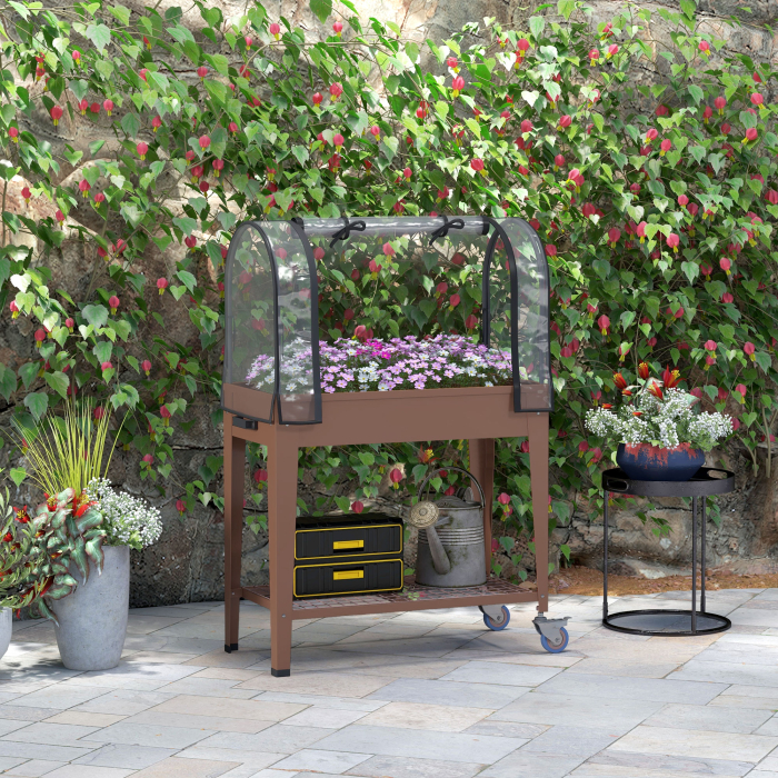  Furca de gradina inaltata cu mini sera pentru plante, roti si raft, 80x40x120cm, maro [2]