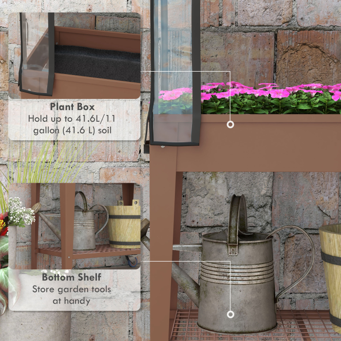  Furca de gradina inaltata cu mini sera pentru plante, roti si raft, 80x40x120cm, maro [5]