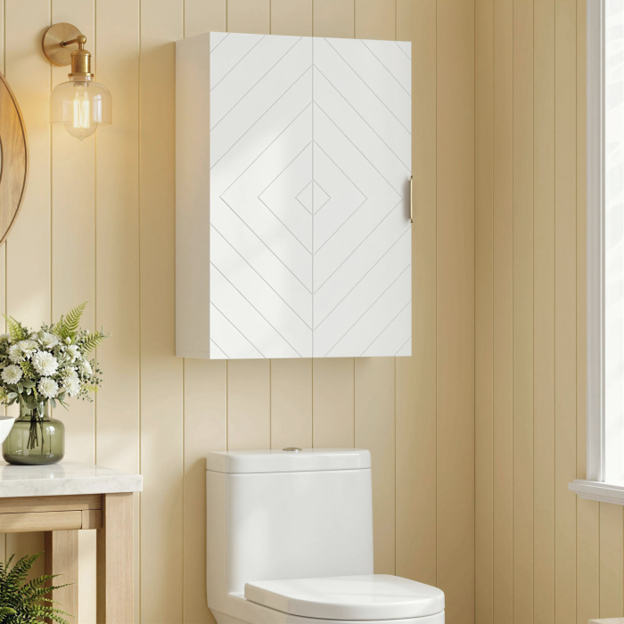 g Dulap suspendat pentru baie cu usa decorativa, maner auriu si rafturi reglabile, 40x15x60 cm, alb [2]